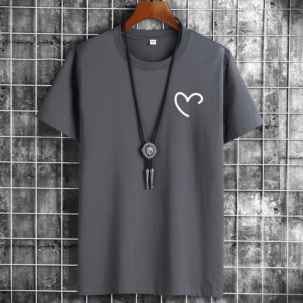 JFUNCY Oversize Summer Men's Cotton Tee Shirts Men Casual T-shirt Simple Love Heart Print Tshirt O-Neck Short Sleeve Man Tops