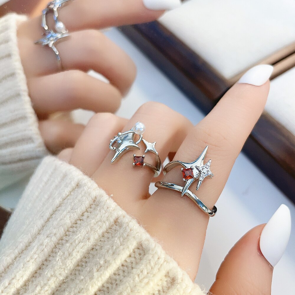New Design Irregular Zircon Star Ring Creative Spiral Cross Star Open Rings Aesthetic Geometric Jewelry Party Gift