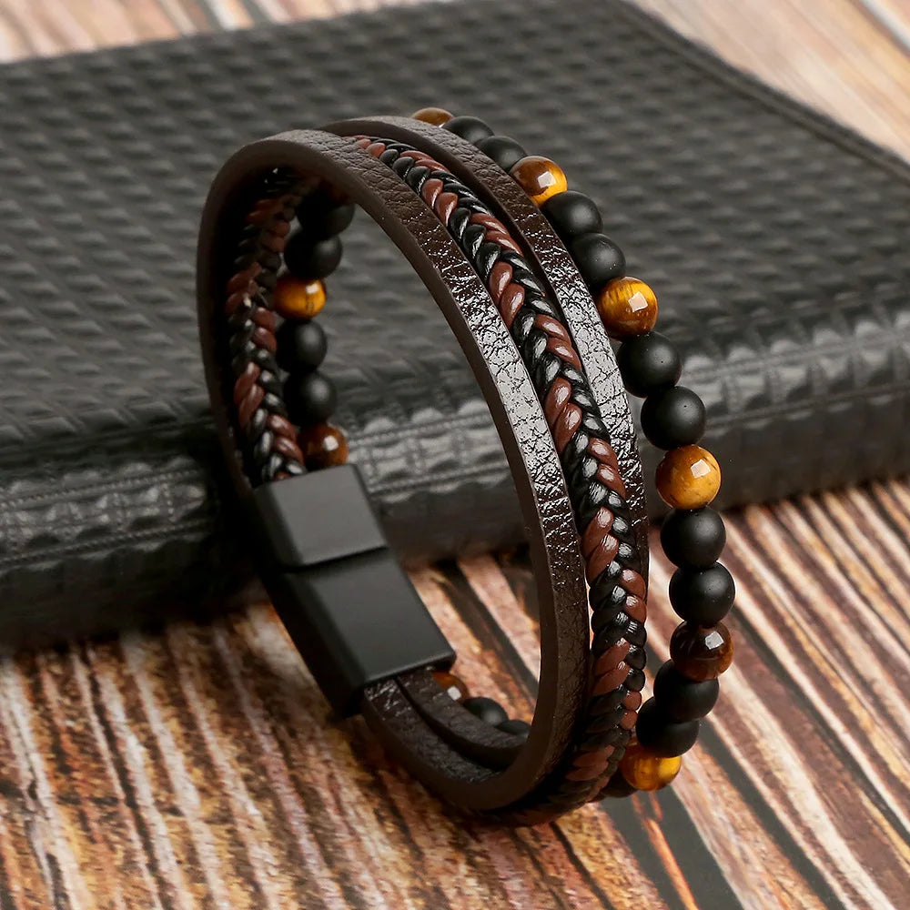 Men’s Beaded Leather Bracele - Jeglowstore