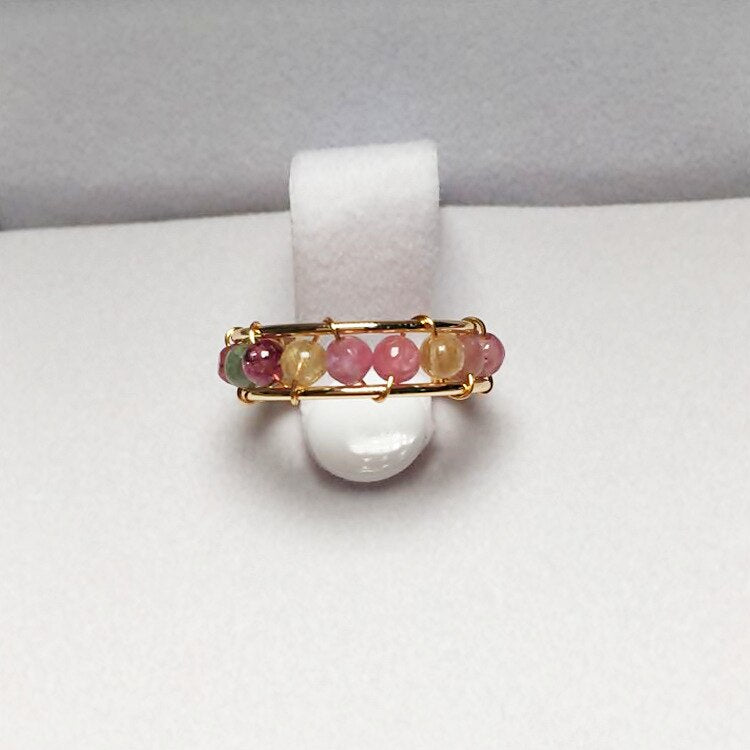 Natural Stone Rainbow Tourmaline Ring Fashion Retro Handmade Metal Wire Winding Beaded Open Adjustable Ring Female Charm Jewelry
