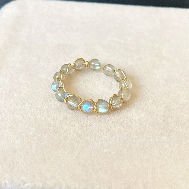 Natural Stone Rainbow Tourmaline Ring Fashion Retro Handmade Metal Wire Winding Beaded Open Adjustable Ring Female Charm Jewelry