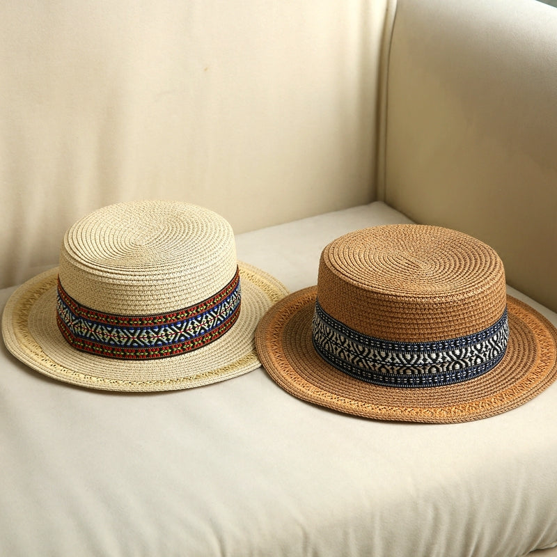 Straw Hat Women Fresh Style Flat Top Travel Foldable Hat