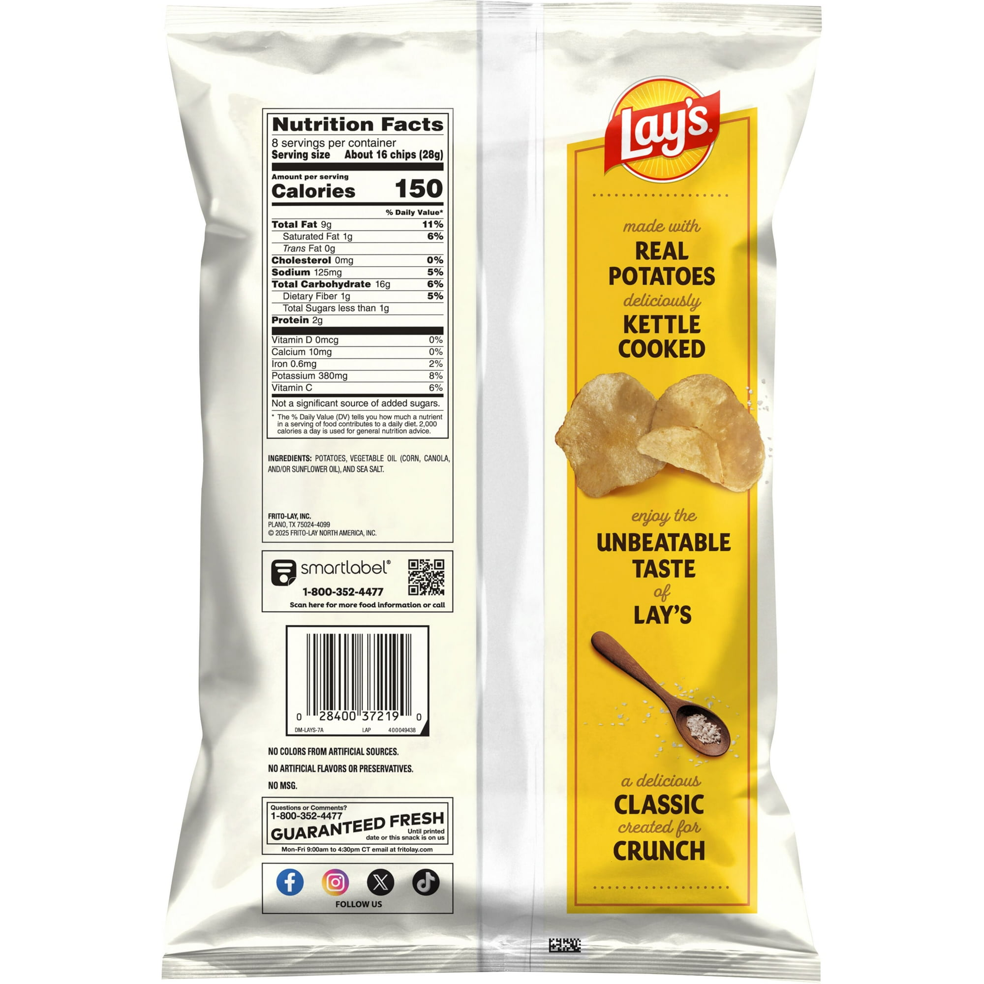 Lay’s Original Sea Salt Kettle Cooked Potato Chips Bag, 8 oz