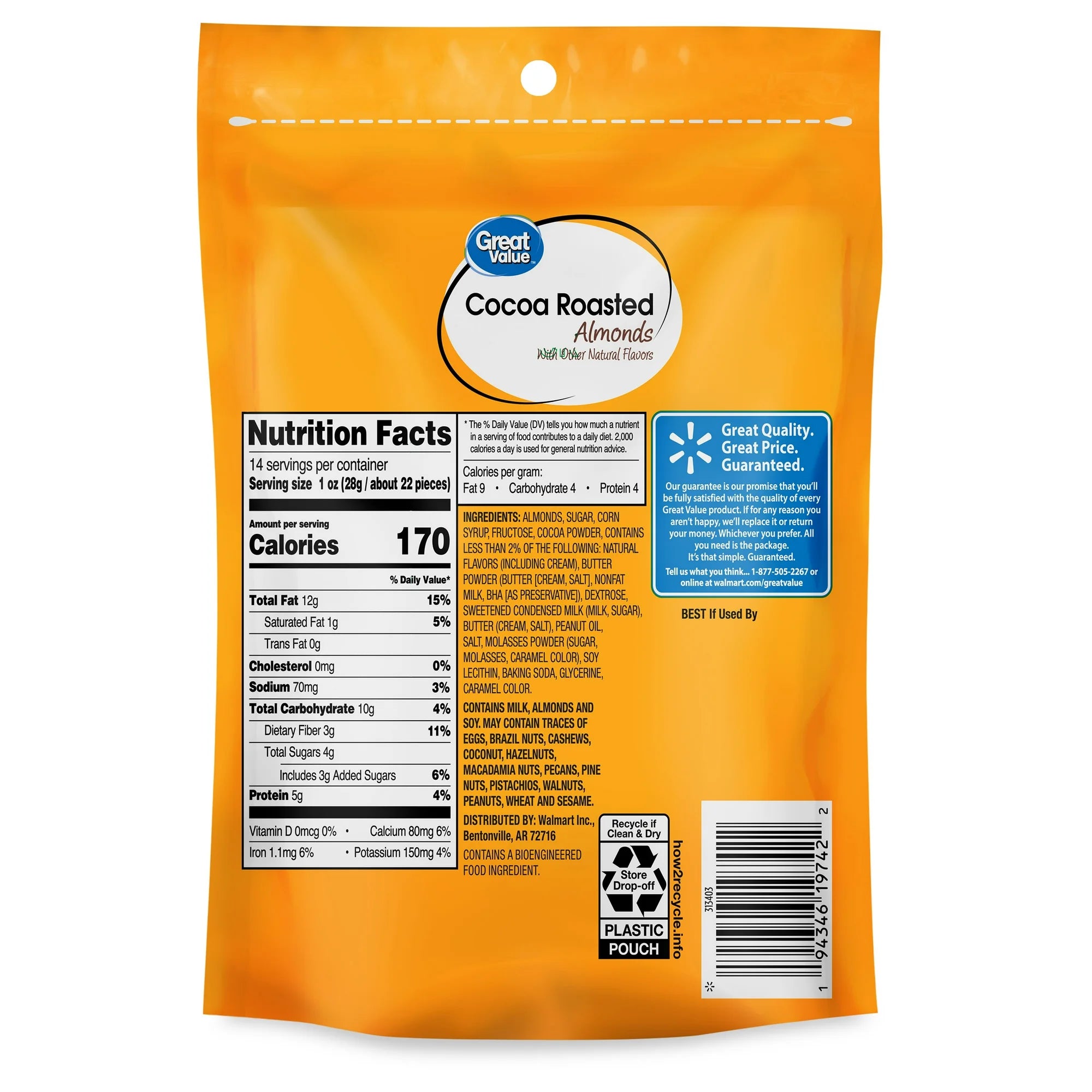 Great Value Cocoa Roasted Almonds, 14 oz