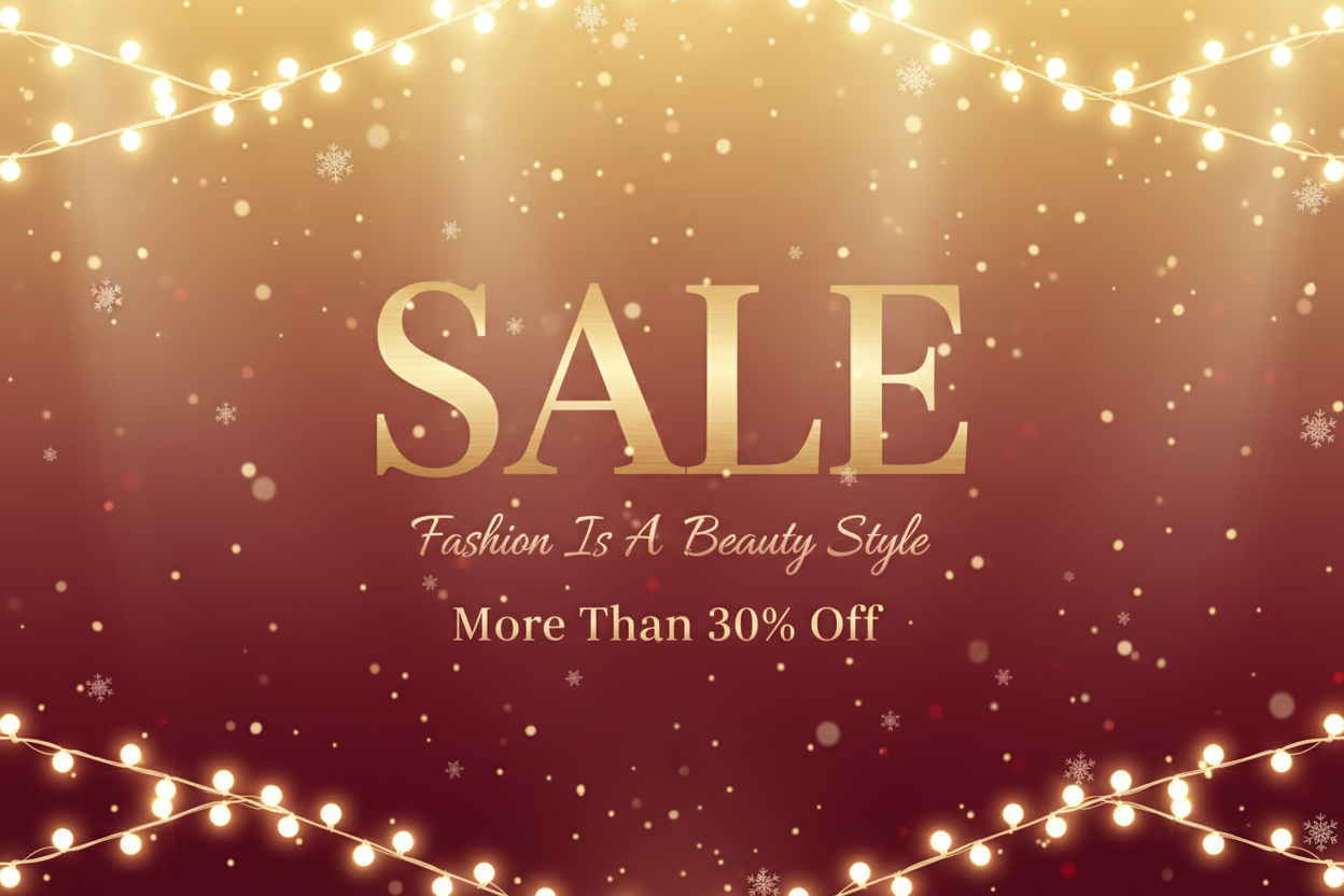 Christmas sale banner for Shopify. Keep the exact text: “SALE”, “Fashion Is A Beauty Style”, and “More Than 30% Off”. Add a holiday feel with warm lights, subtle sparkles, soft snow, and a glowing Christmas gradient background. Premium fashion style, elegant typography, minimal but festive. Perfect for holiday discounts on a fashion store.