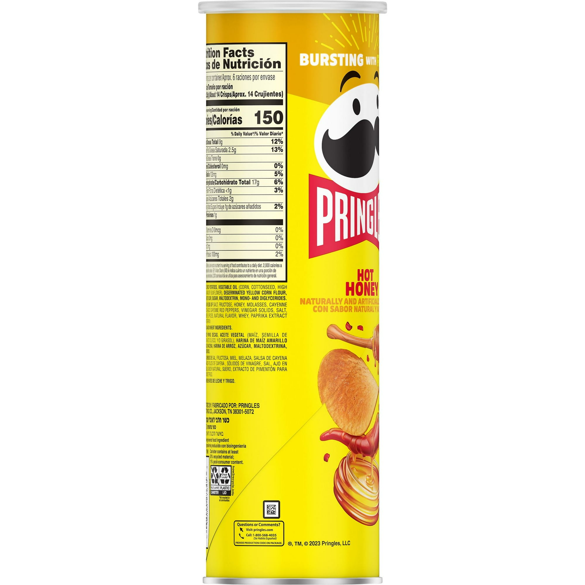 (14 pack) Pringles Hot Honey Potato Crisps Chips, Lunch Snacks, 5.5 oz Canister