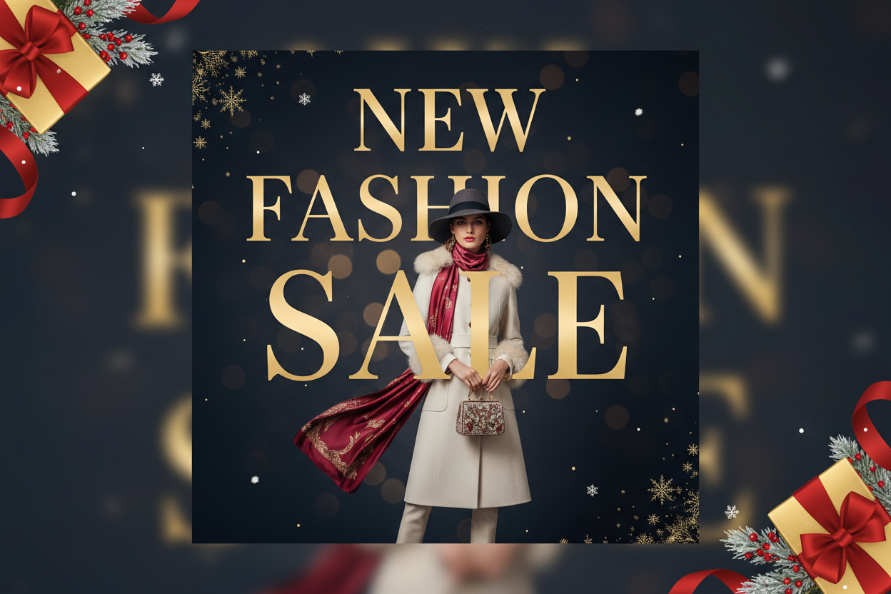 Square fashion banner for Shopify. Keep the exact text “New Fashion Sale”. Add a premium Christmas vibe with soft golden lights, subtle snowflakes, elegant red accents, and a stylish modern layout. Include a fashionable woman wearing winter fashion (coat, hat, scarf). Dark background with luxury highlights. Minimalist, clean, high-end fashion aesthetic. Perfect for holiday sale promotion
