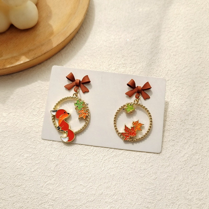 Animal Cat Cherry Blossoms Asymmetrical Earring Party Kitten Jewelry Gifts