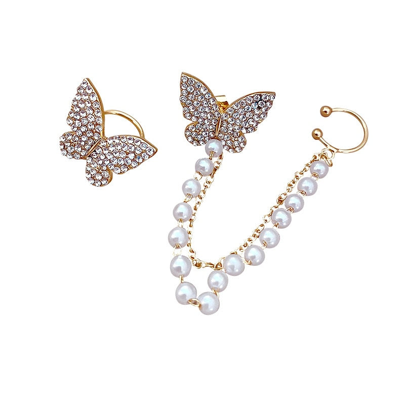 Zircon Pearl Chain Asymmetrical Butterfly Earrings