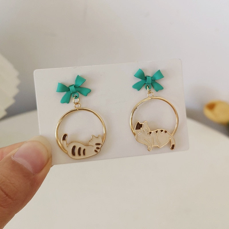 Animal Cat Cherry Blossoms Asymmetrical Earring Party Kitten Jewelry Gifts