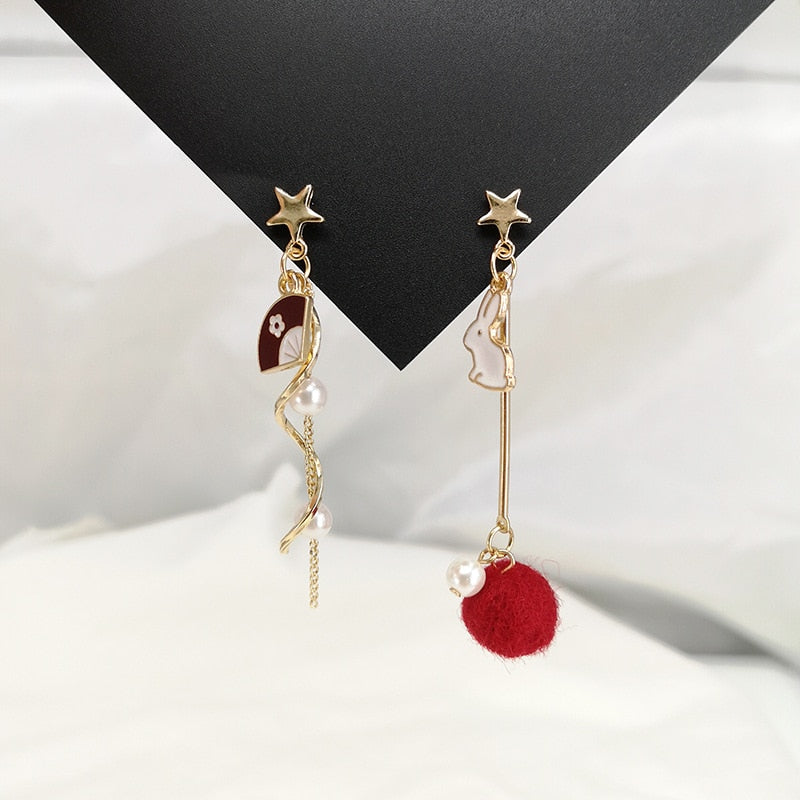 Animal Cat Cherry Blossoms Asymmetrical Earring Party Kitten Jewelry Gifts