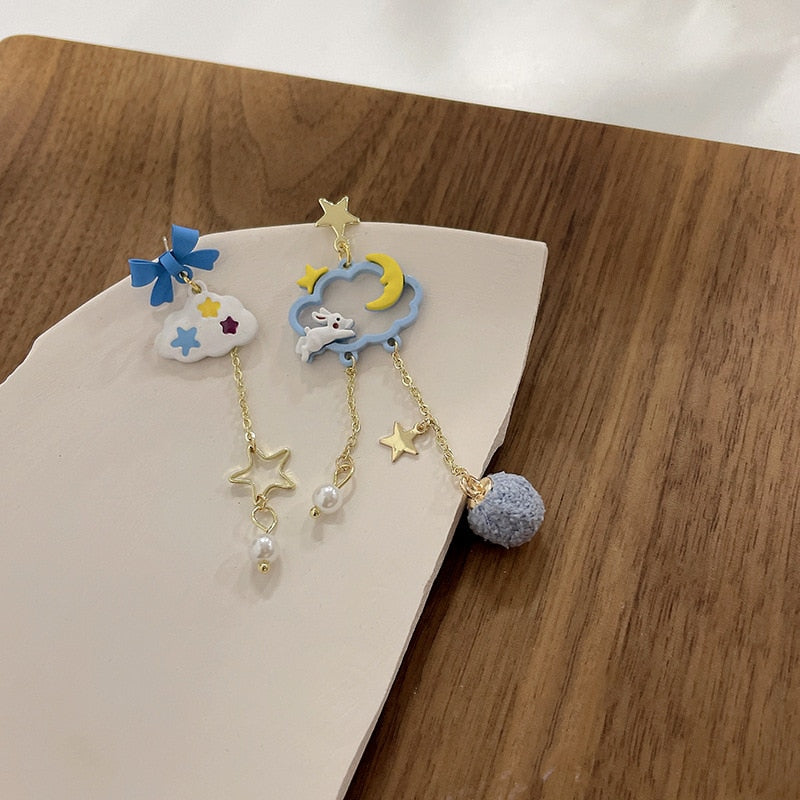 Animal Cat Cherry Blossoms Asymmetrical Earring Party Kitten Jewelry Gifts