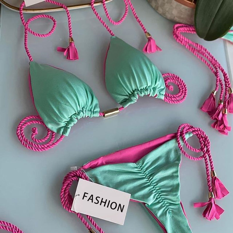 Miyouj Thong Bikini Set 2022 Blue Color Swimsuit Woman Sexy Bathing Suits Two Piece Bikinis Triangle Bandage Female Beachwear