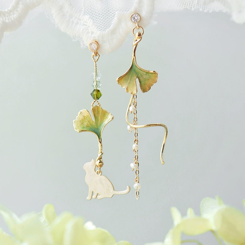 Animal Cat Cherry Blossoms Asymmetrical Earring Party Kitten Jewelry Gifts