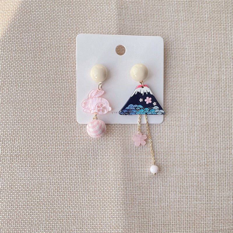 Animal Cat Cherry Blossoms Asymmetrical Earring Party Kitten Jewelry Gifts
