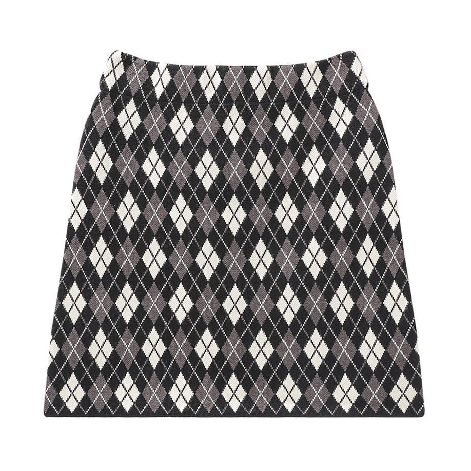 Vintage Rhombus Plaid Knitting High Waist Bodycon One Step Sweater Skirt