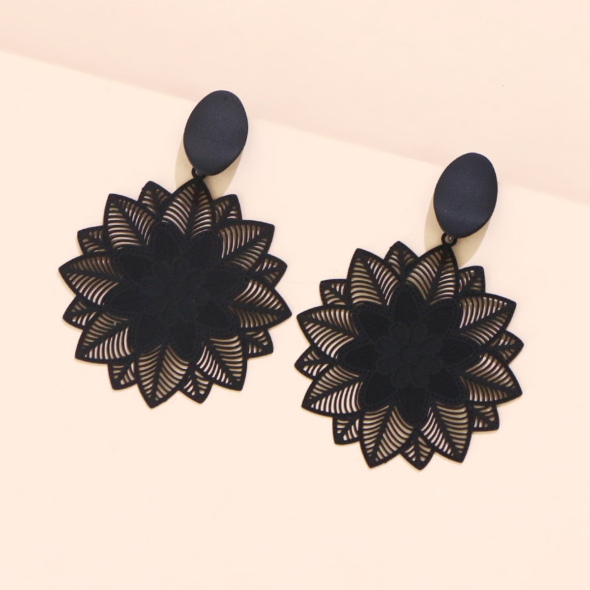 Big Black Flower Hanging Earrings For Women Exaggerated Rock Personality