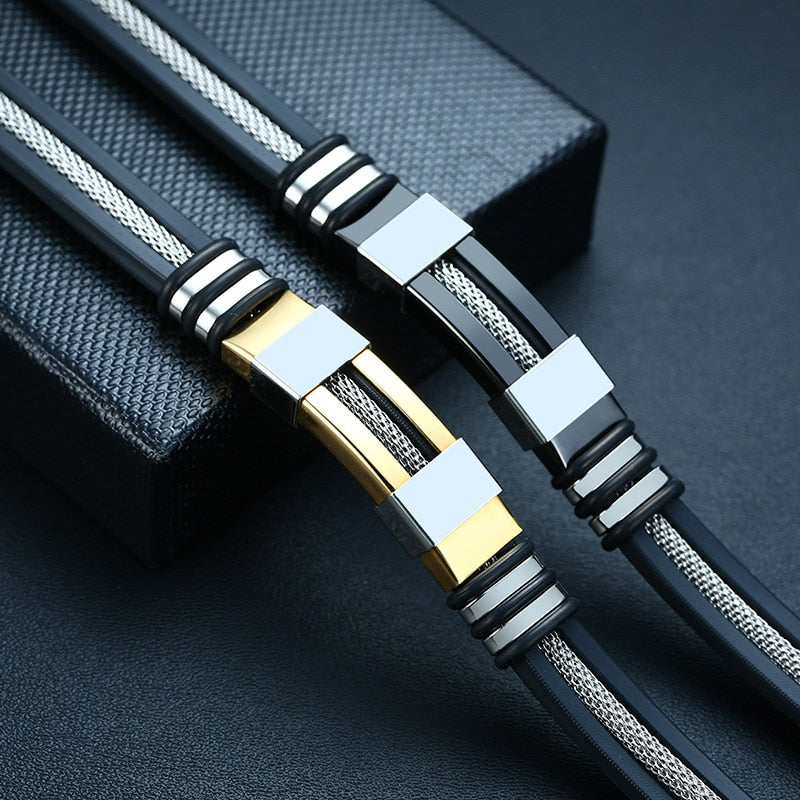Black Grooved Rudder Silicone Mesh Link Stainless Steel Bracelet