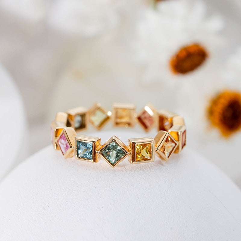Luxury Female Rainbow Crystal Stone Promise Square Ring