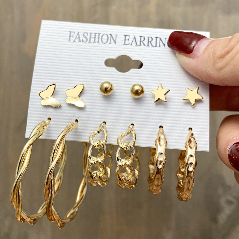 17KM Vintage Geometric Gold Plated Metal Earrings Set