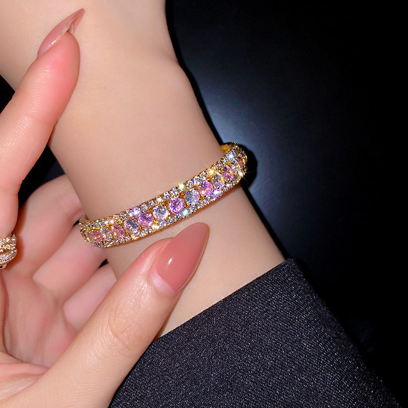 Geometric Zircon Bangles For Women Pink Green Crystal Cuff Bracelets