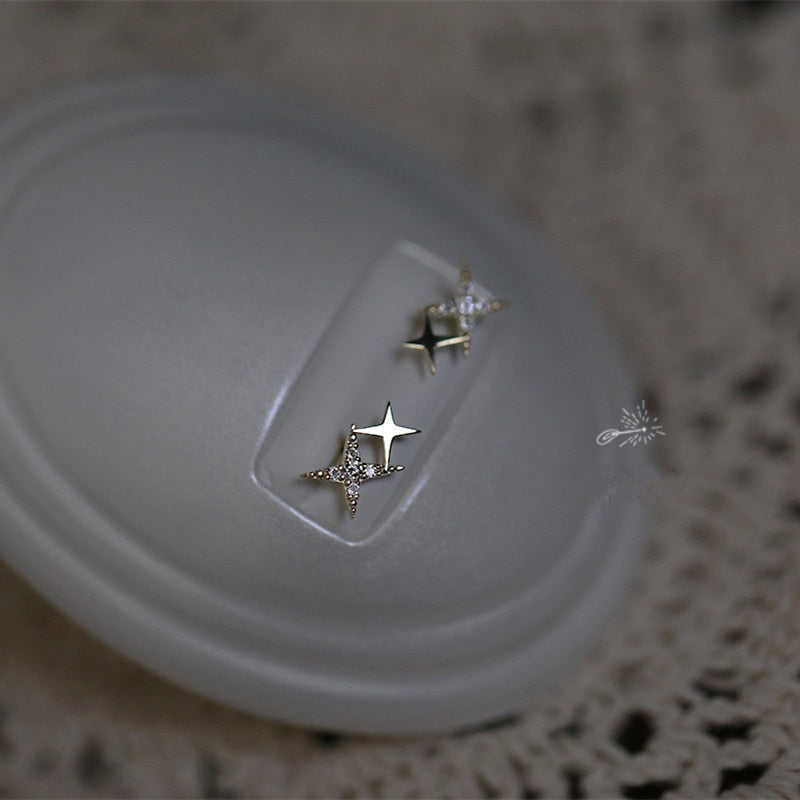 925 Sterling Silver Crystal Four-Pointed Star Earrings