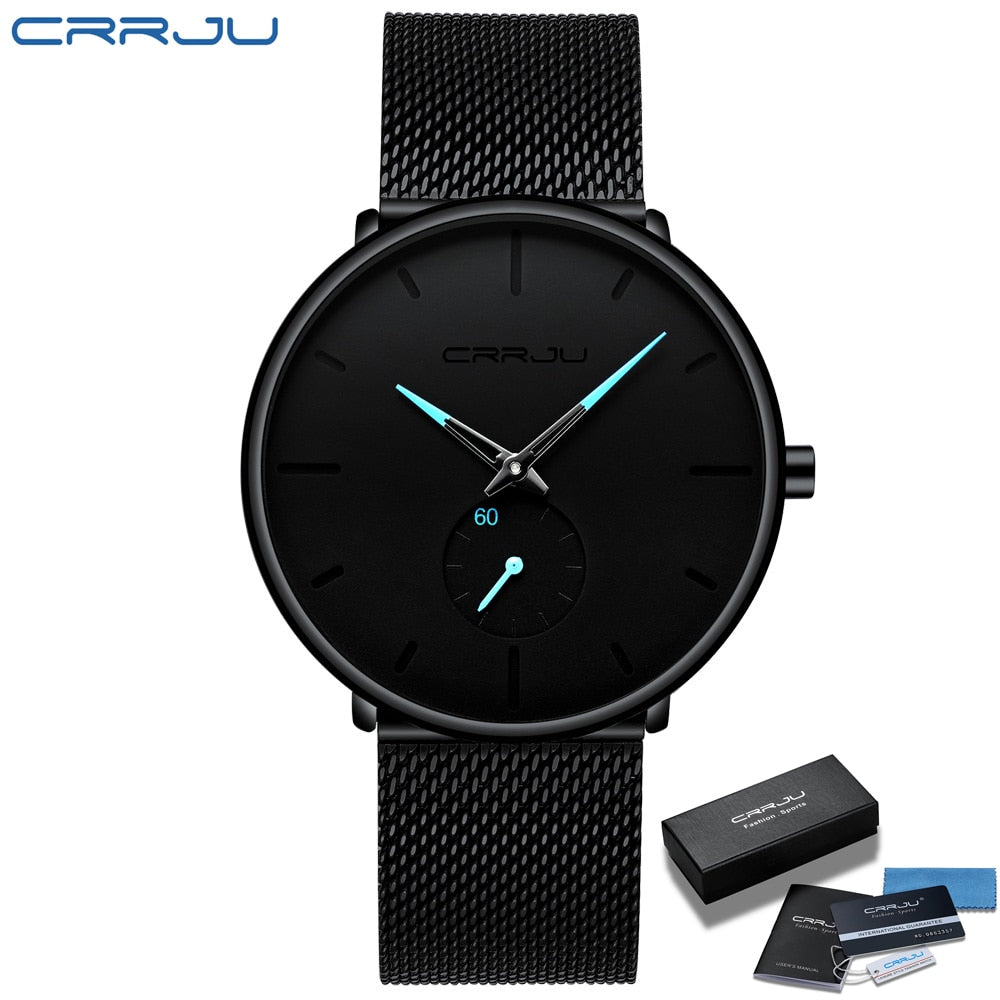 CRRJU Fashion Luxury Slim Mesh Steel Waterproof Mens Watch