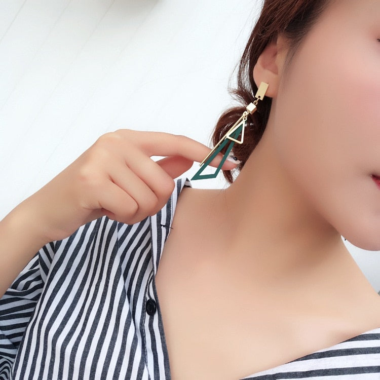 Korean Long Statement Geometric Triangle Tassel Dangle Drop Earrings