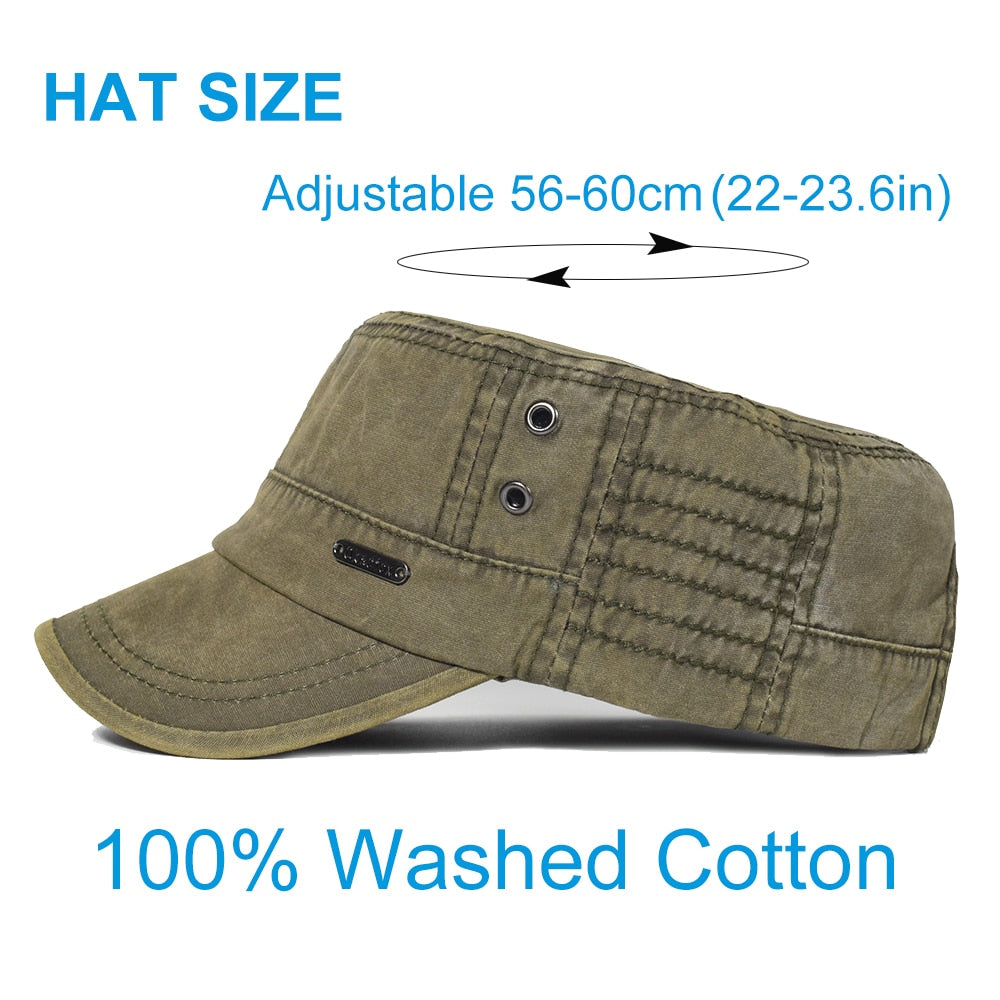 Washed Cotton Military Caps Men Cadet Army Cap Unique Design Vintage Flat Top Hat