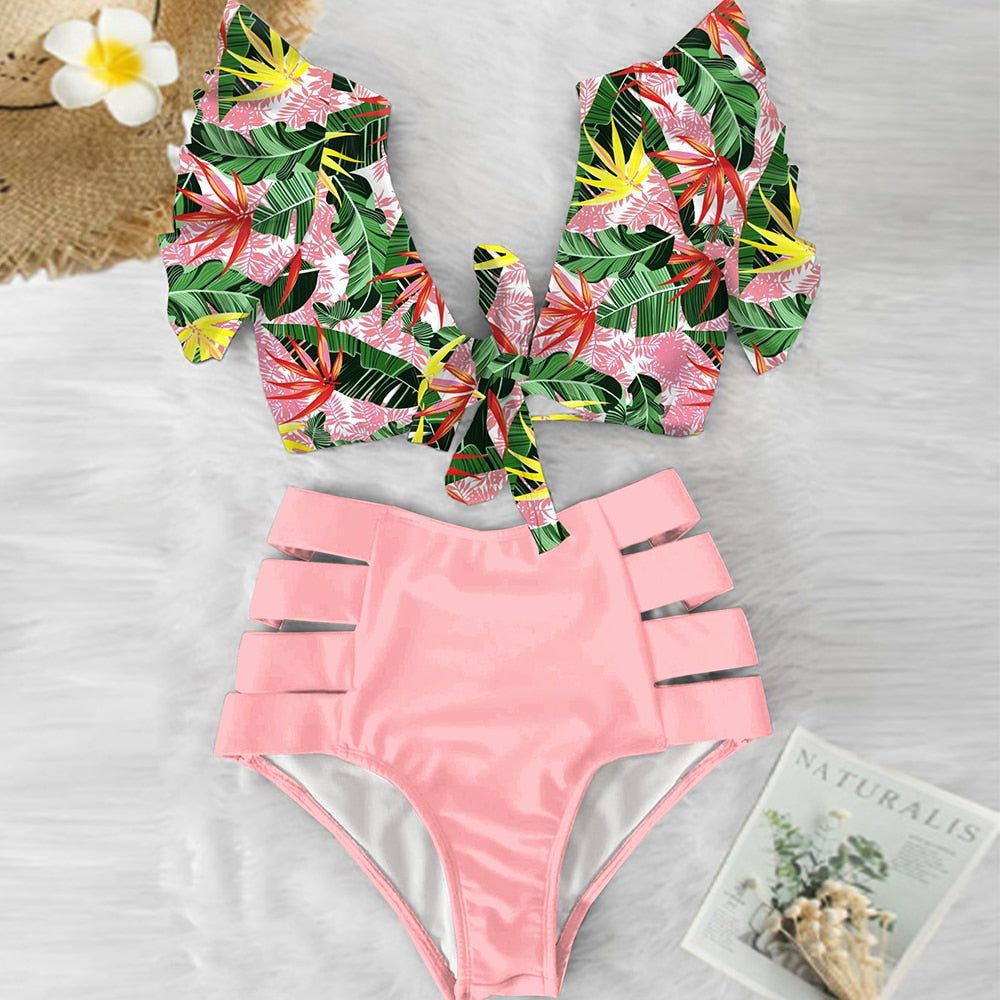 Floral Beachwear V-Neck High Waist Ruffled Sexy Bikini Set