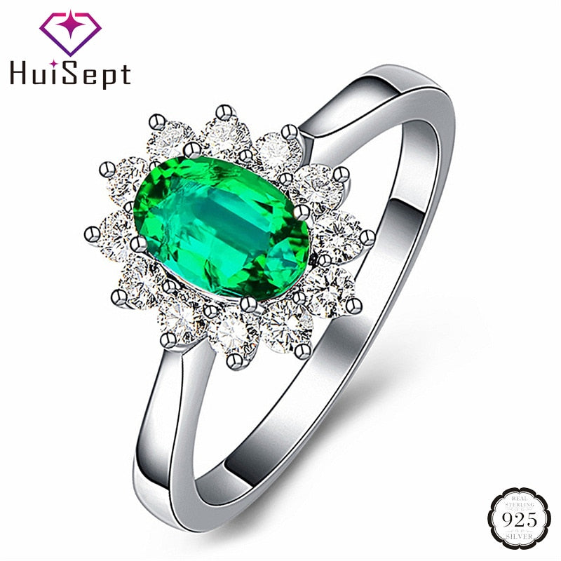 HuiSept 925 Silver Oval Emerald Ruby Zircon Gemstones Ornaments Finger Ring