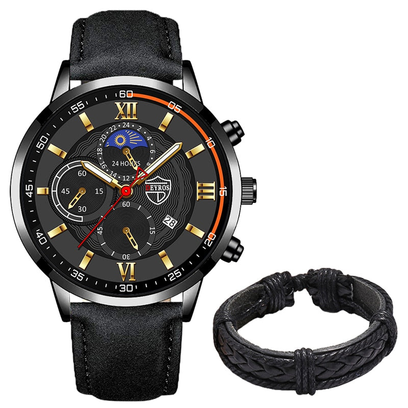 Luxury Black Leather Bracelet Men Casual Luminous Clock Watch