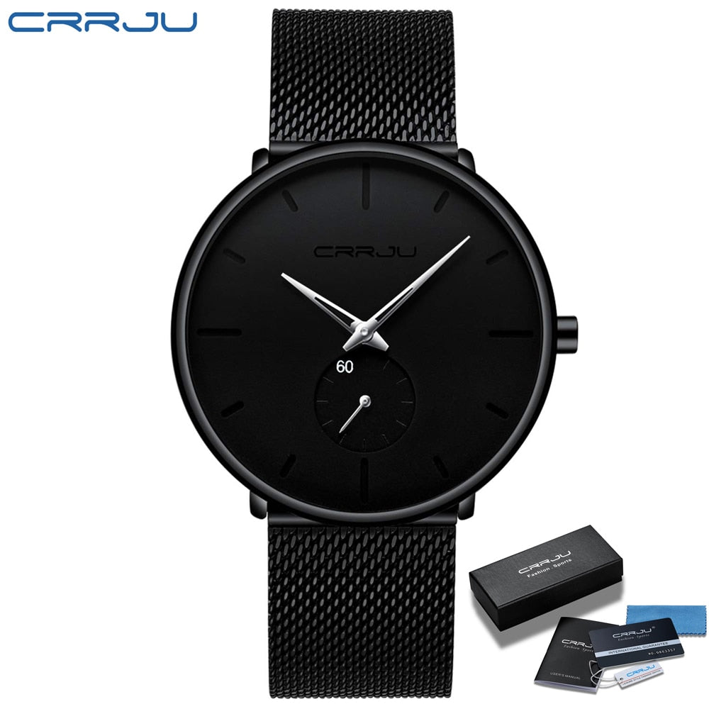 CRRJU Fashion Luxury Slim Mesh Steel Waterproof Mens Watch