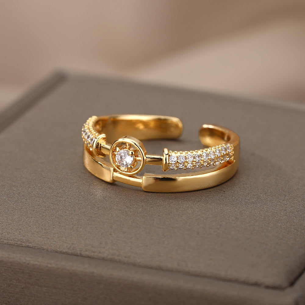 Fashion Star Stainless Steel  Zircon Round Irregular Adjustable Ring