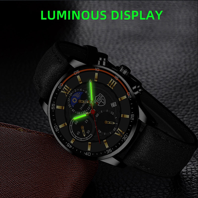 Luxury Black Leather Bracelet Men Casual Luminous Clock Watch