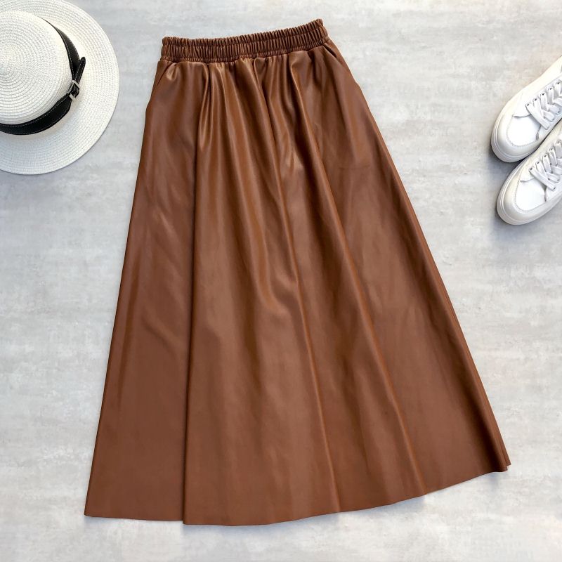 Neophil 80cm Women Leather Elastic Waist A-Line Flare Long Skirt