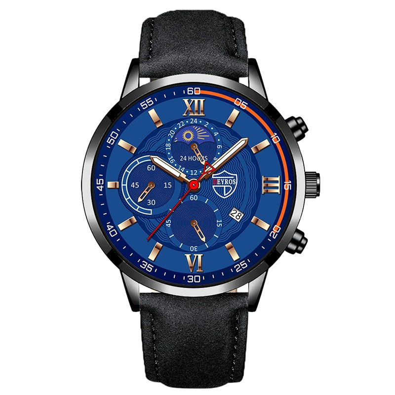 Luxury Black Leather Bracelet Men Casual Luminous Clock Watch
