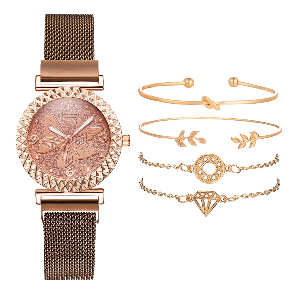 5PCS Women Set Luxury Rose Gold Dress Quartz Watch Bracelet