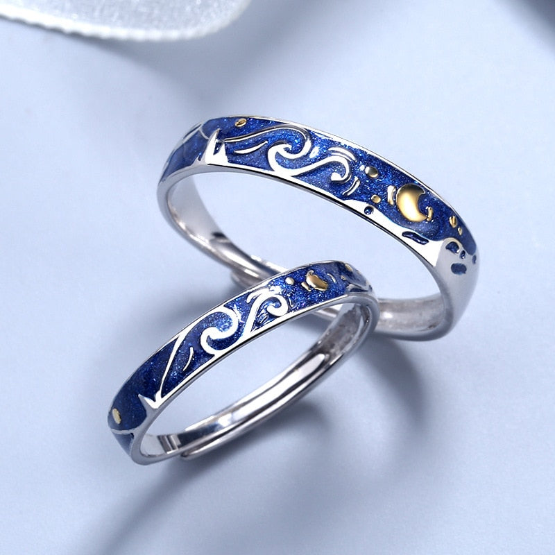 925 Sterling Silver Van Gogh Starry Sky Open Couple Ring