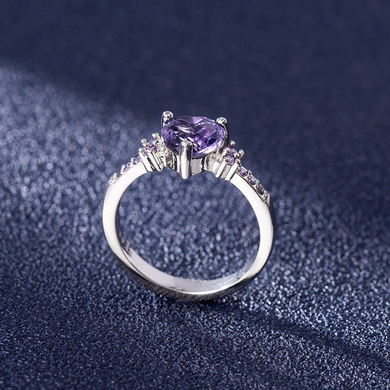 HuiSept 925 Silver Jewelry Heart Shape Amethyst Gemstone Ring