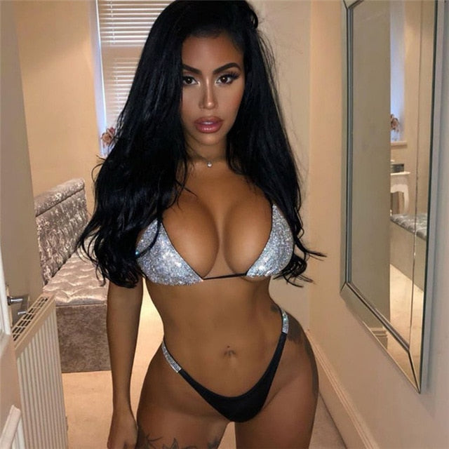 Luxury Bling Rhinestone Sliver Crystal Diamond Push Up Bikini Swimsuit