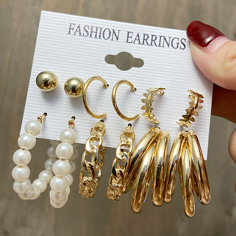 17KM Vintage Geometric Gold Plated Metal Earrings Set