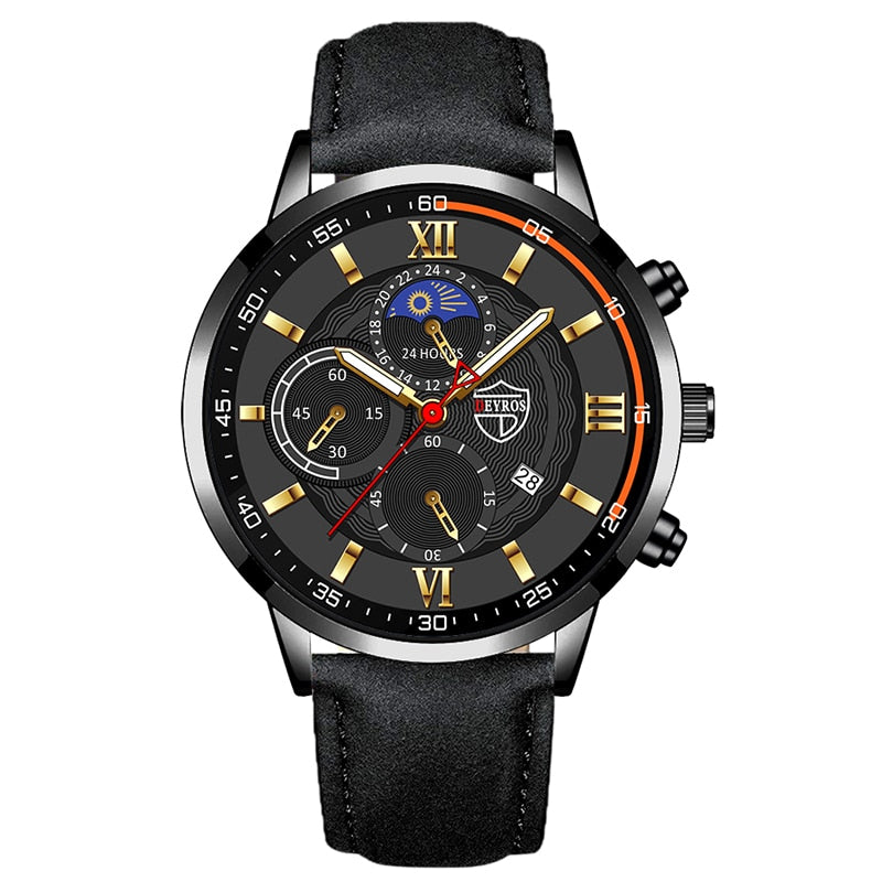 Luxury Black Leather Bracelet Men Casual Luminous Clock Watch