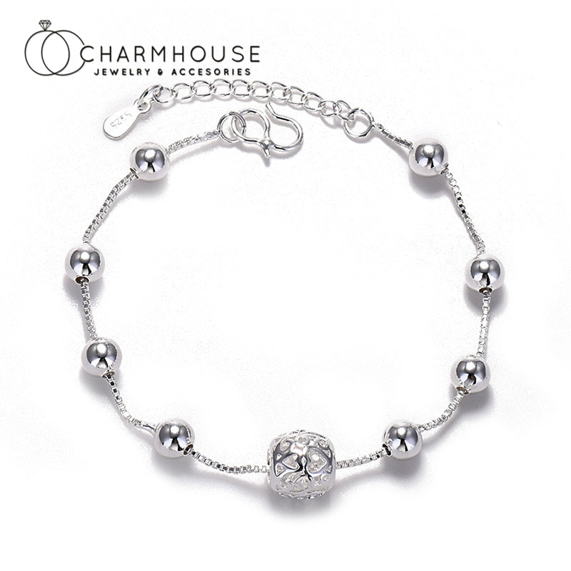 Pure Silver Hollow Bead Chain Bracelet