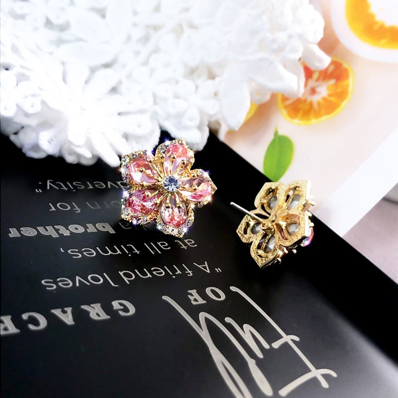 Korea Flower Crystal Temperament Geometric Shiny Zircon Earrings