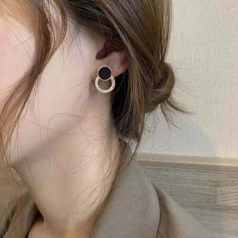 Asymmetrical Round Hollow Black Stud Earrings