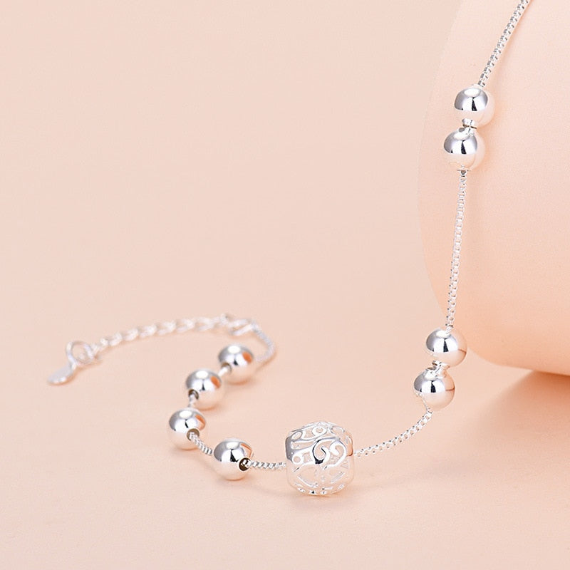 Pure Silver Hollow Bead Chain Bracelet