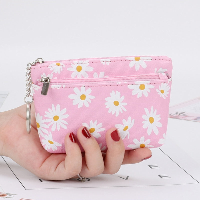 Daisy Print Coin Purse Women Mini Wallets Clutch With Zipper Keychain Small Coin Pouch Bag Female Pouch Key Card Holder Wallet