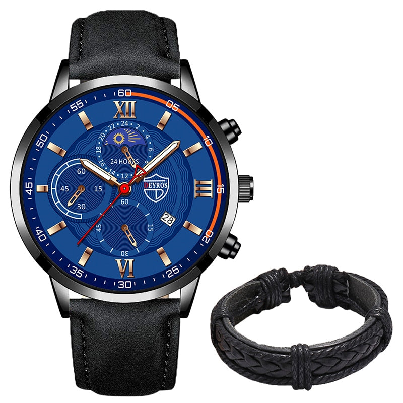Luxury Black Leather Bracelet Men Casual Luminous Clock Watch
