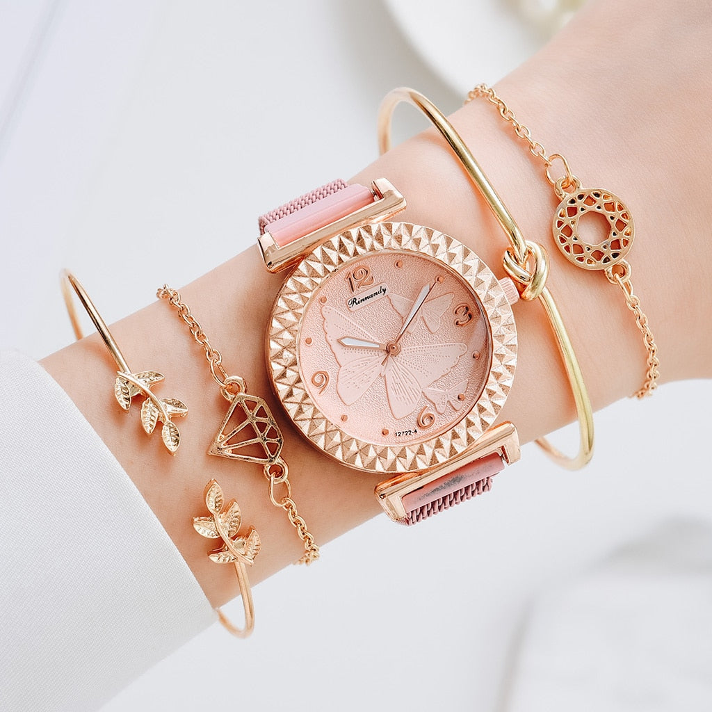 5PCS Women Set Luxury Rose Gold Dress Quartz Watch Bracelet